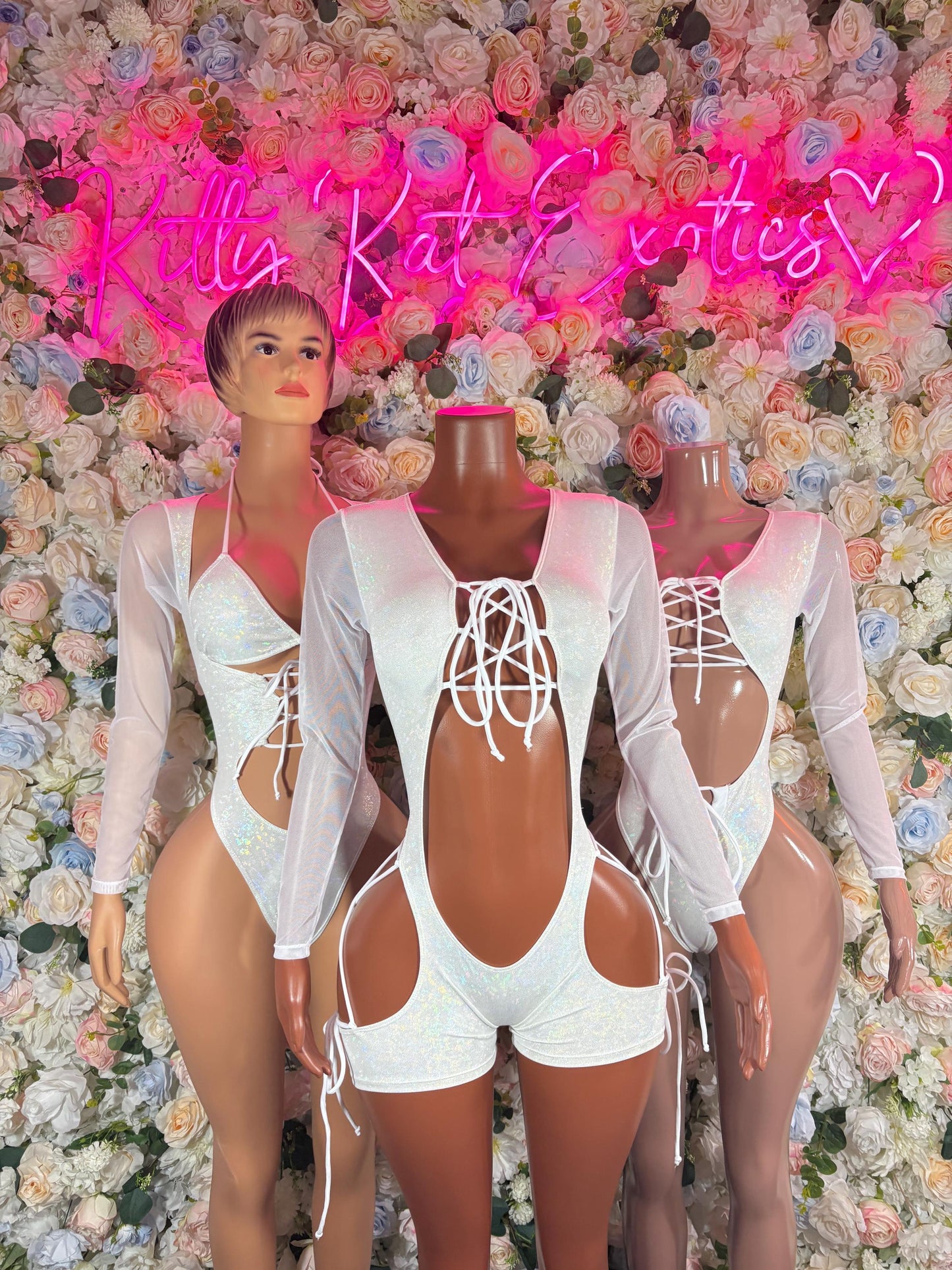 Bottlegirl Outfit Bodysuit Summer White Metalic Design | Exotic Dancewear for Performers, Rave Outfits