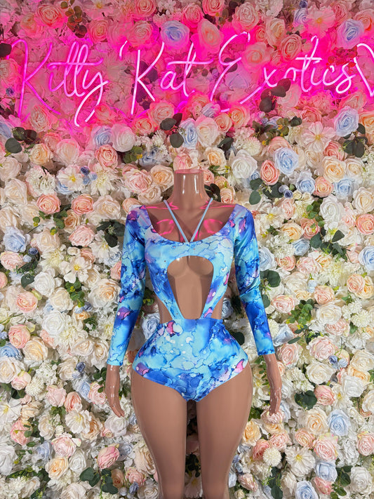 Rave Outfit Festival One Piece Bodysuit Blue  - Sexy Performance Costume, Latin Sultry, Bold Dance Outfit