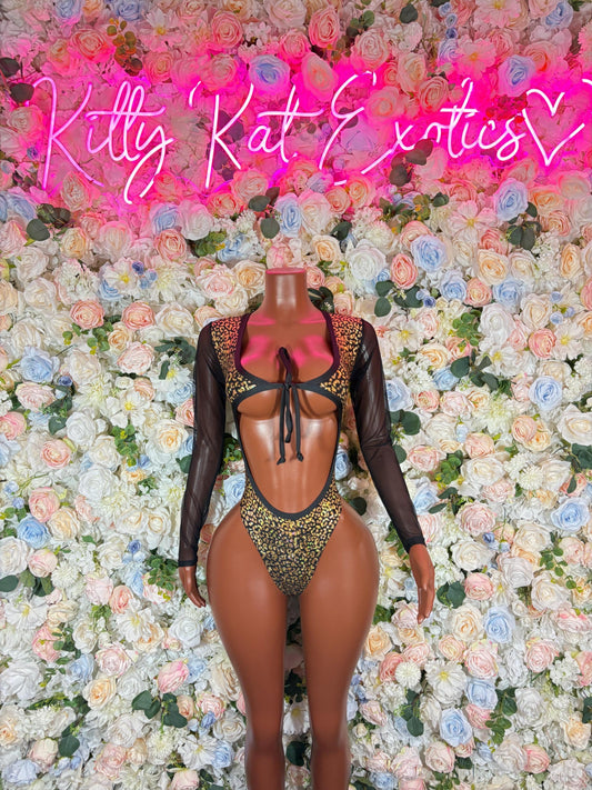 Bottlegirl One-Piece Gold Cheetah  Bodysuit  Exotic Dancewear for Performers, Raves, or Night Out | Bottle girl Outfits