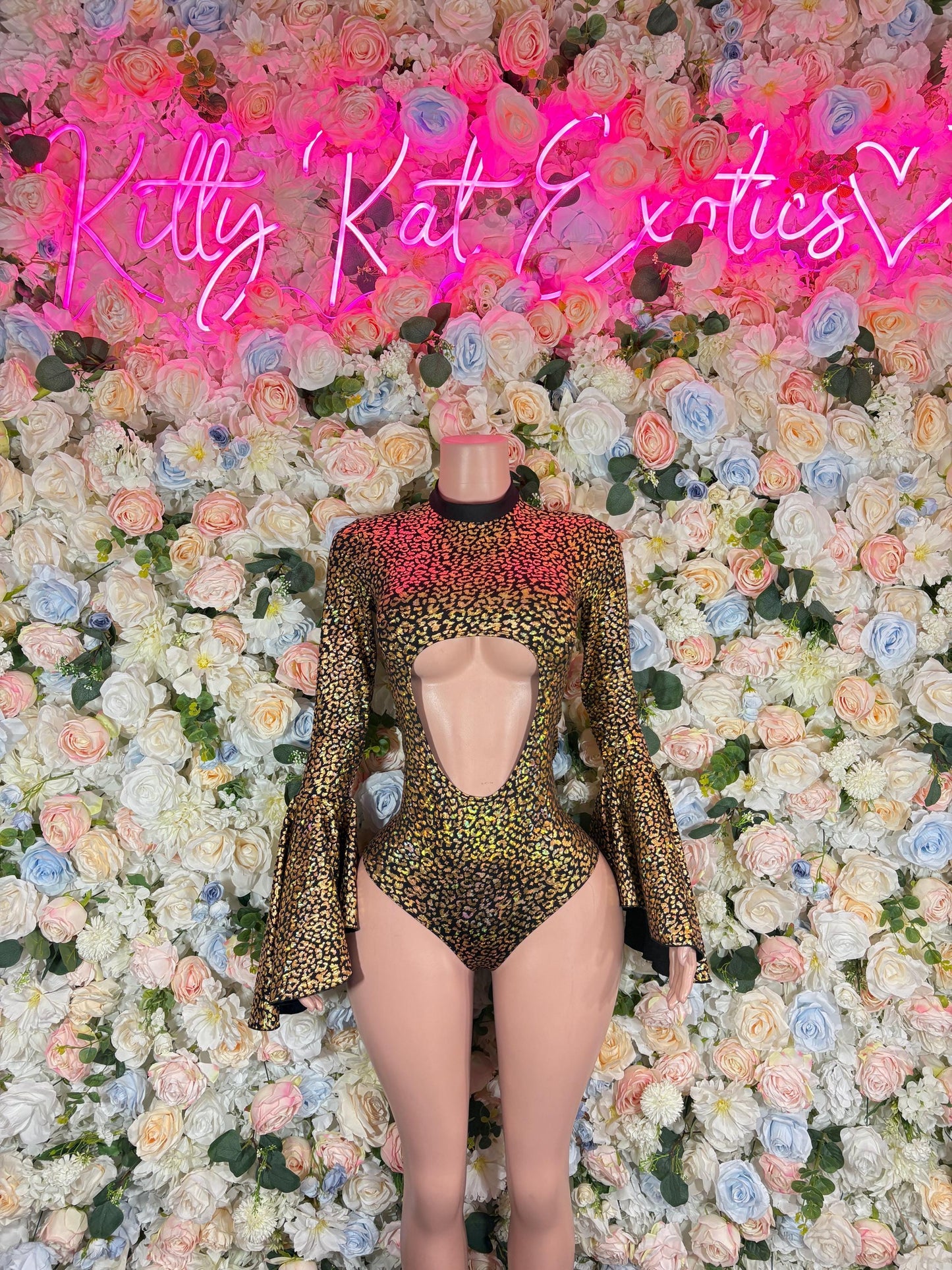 Bottlegirl One-Piece Gold Cheetah  Bodysuit  Exotic Dancewear for Performers, Raves, or Night Out | Bottle girl Outfits