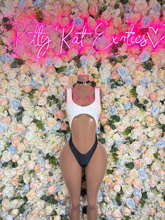 Rave Outfits White Black Bodysuit With Choker   Rave Outfit Bartender outfit Exotic Dancewear