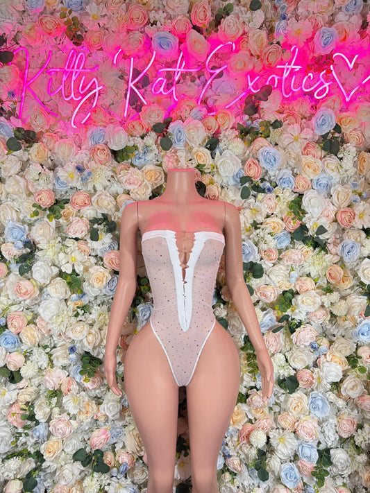 Festival Bodysuit Summer White Bodysuit Mesh  Exotic Dancewear Bottle girl Outfit