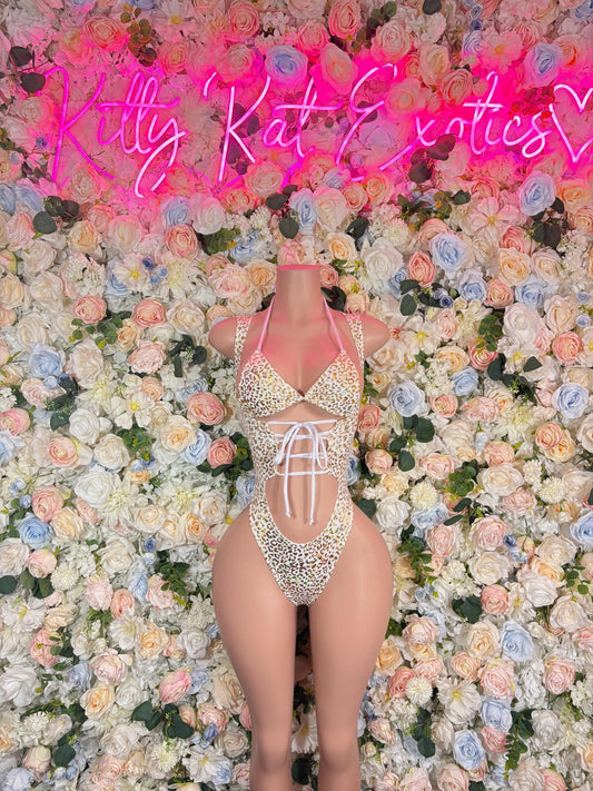 Bottle Girl Bodysuit -  White gold Cheetah  Design | Exotic Dancewear for Performers, Rave Outfits