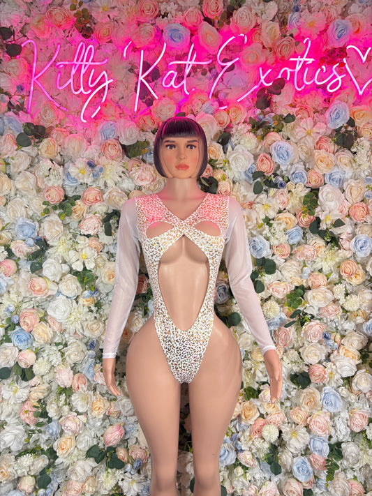 Bottlegirl Bodysuit - White gold Cheetah  Design | Exotic Dancewear for Performers, Rave Outfits