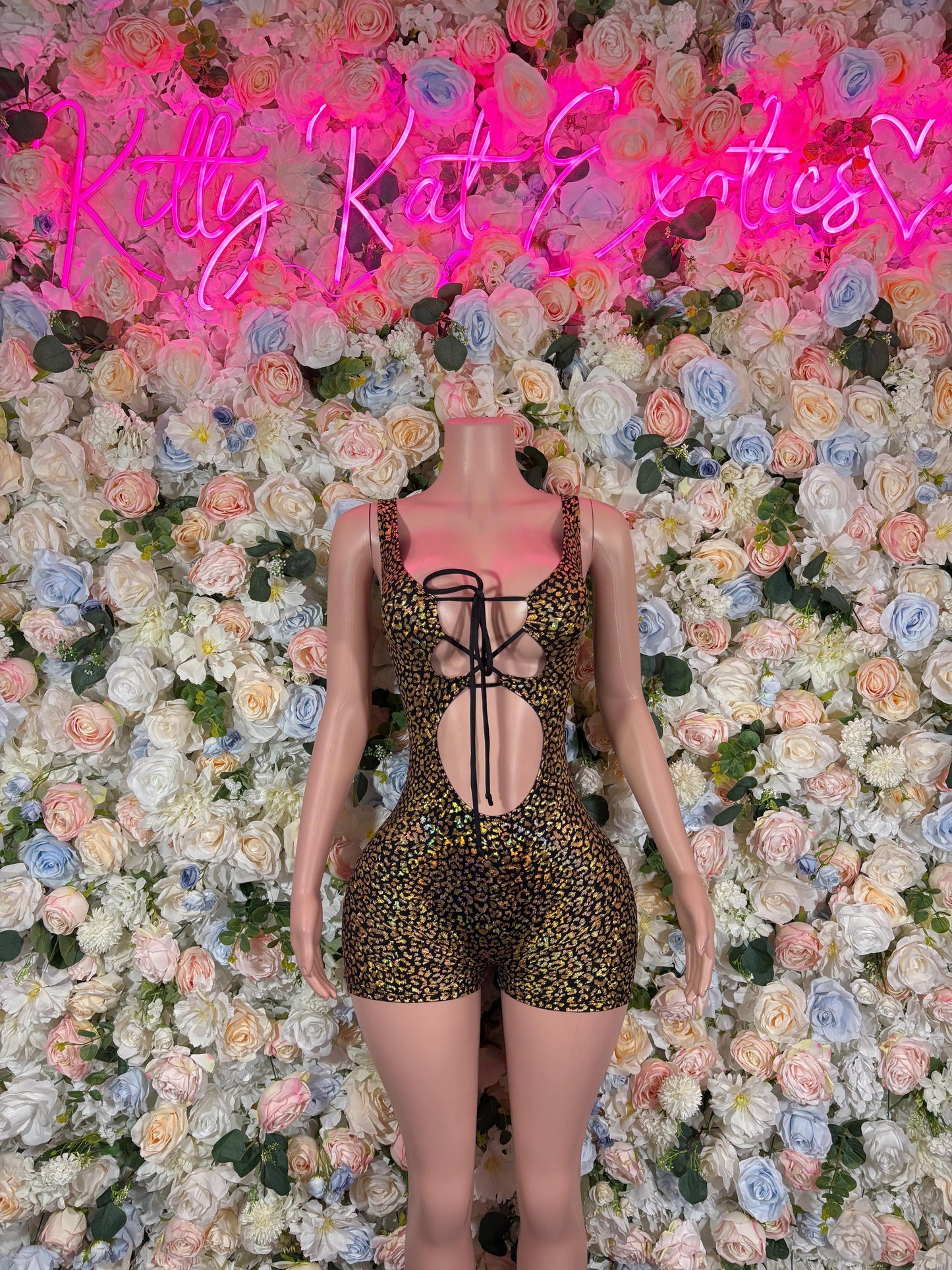 Bottlegirl One-Piece Gold Cheetah  Bodysuit  Exotic Dancewear for Performers, Raves, or Night Out | Bottle girl Outfits