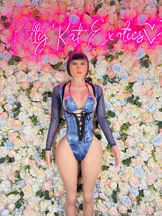 Denim Print Bottle Girl One-Piece Bodysuit - Custom Design | Exotic Dancewear for Performers, Raves, & Nights Out