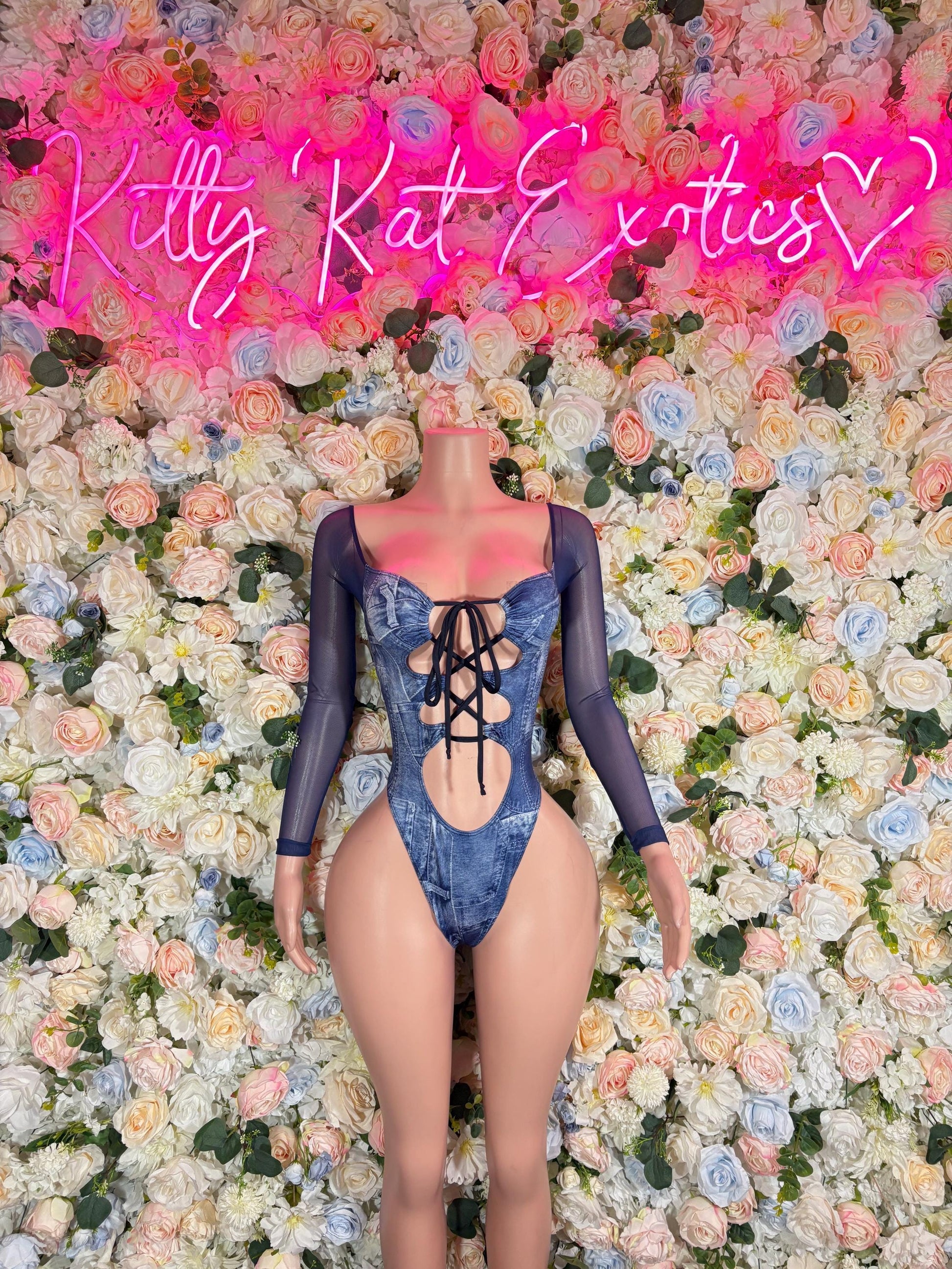Denim print bottle girl one-piece bodysuit, long sleeves, open back lace-up