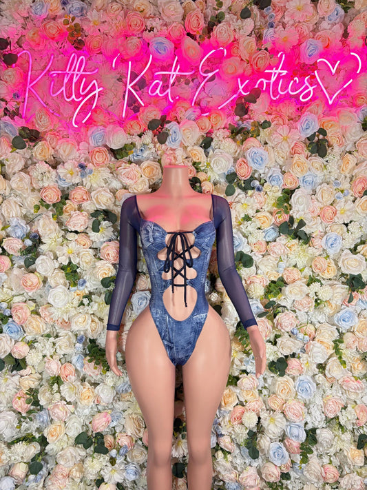 Denim print bottle girl one-piece bodysuit, long sleeves, open back lace-up