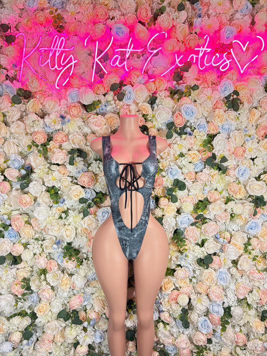 Denim Bottle Girl One-Piece Bodysuit - Custom Design | Exotic Dancewear for Performers, Raves, & Nights Out