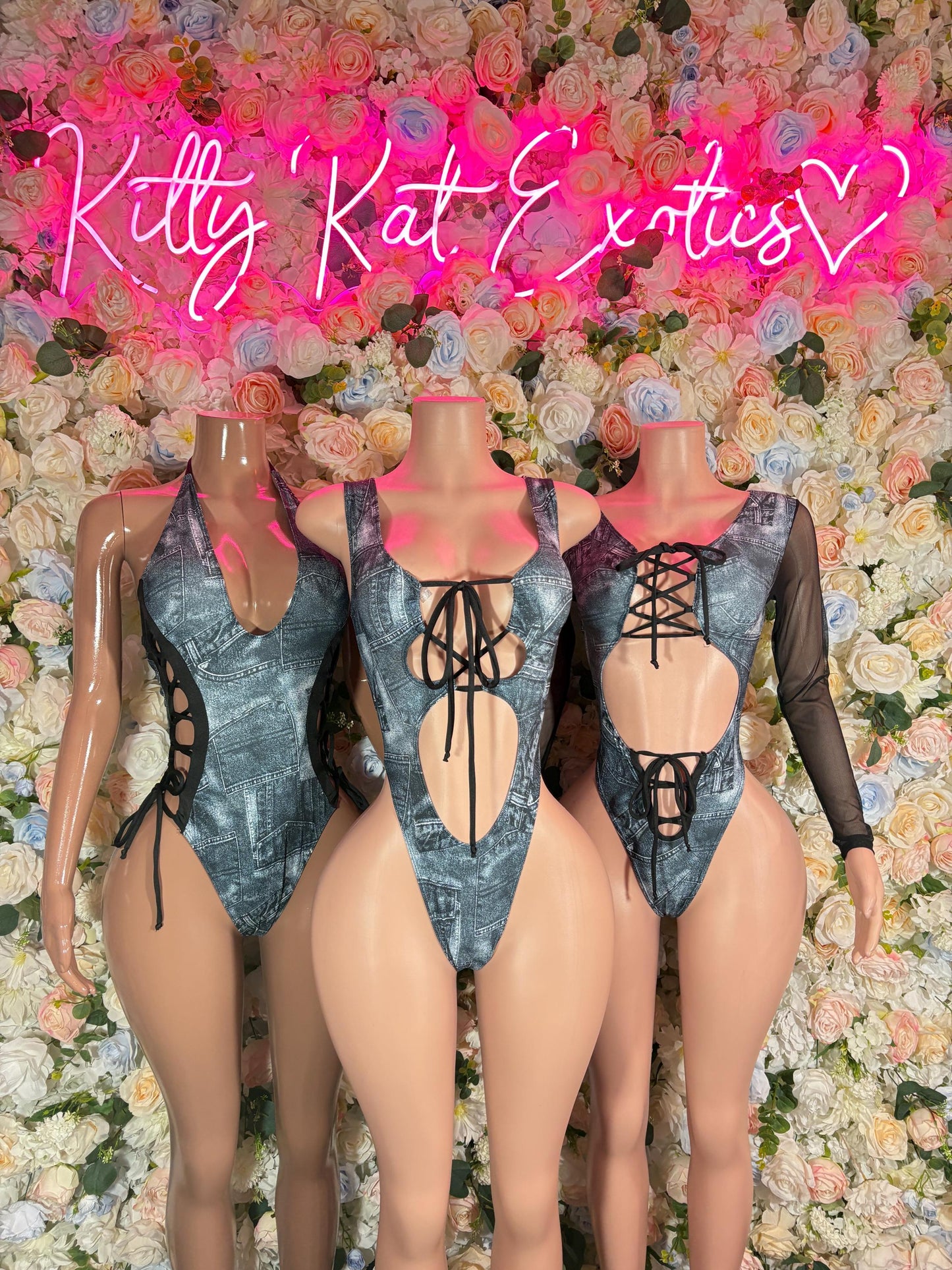 Denim Bottle Girl One-Piece Bodysuit - Custom Design | Exotic Dancewear for Performers, Raves, & Nights Out