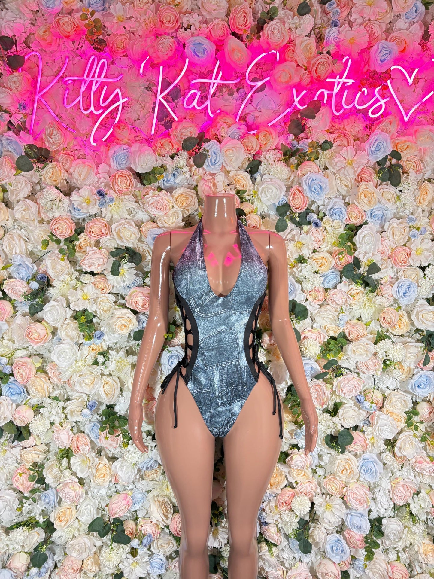 Denim Bottle Girl One-Piece Bodysuit - Custom Design | Exotic Dancewear for Performers, Raves, & Nights Out