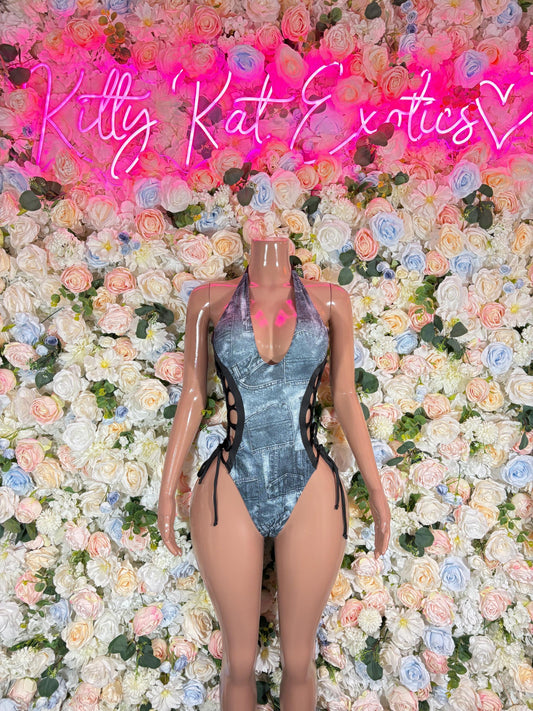 Denim Bottle Girl One-Piece Bodysuit - Custom Design | Exotic Dancewear for Performers, Raves, & Nights Out