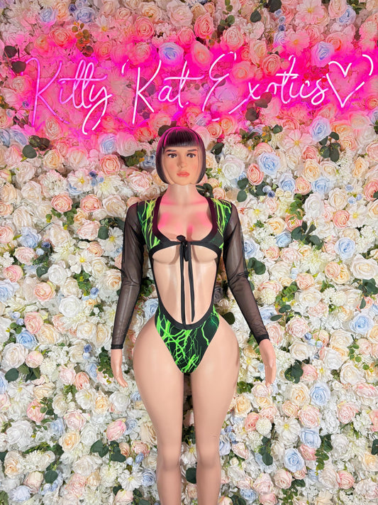 Bottle Girl One-Piece Bodysuit Green Electric - Custom Design | Exotic Dancewear for Performers, Raves, & Nights Out