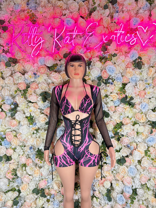Bottlegirl Outfits One-Piece Bodysuit Pink Lightening - Custom Design | Exotic Dancewear Rave Outfits