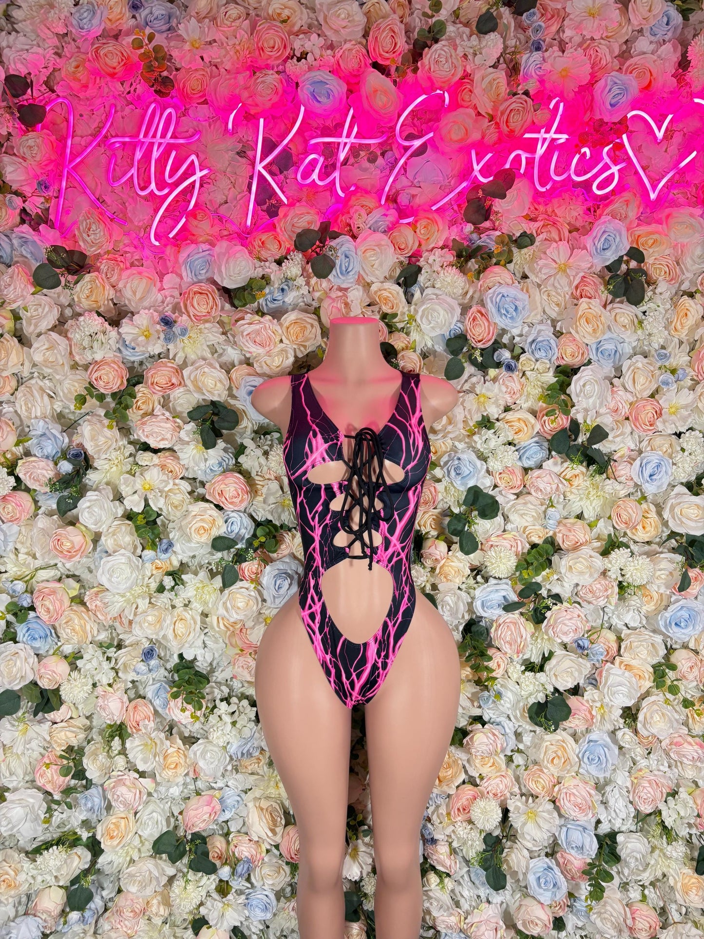 Bottlegirl Outfits One-Piece Bodysuit Pink Lightening - Custom Design | Exotic Dancewear Rave Outfits