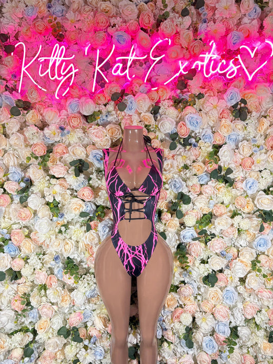 Festival Outfits Bodysuits One-Piece Bodysuit Pink Lightening - Custom Design | Exotic Dancewear Rave Outfits