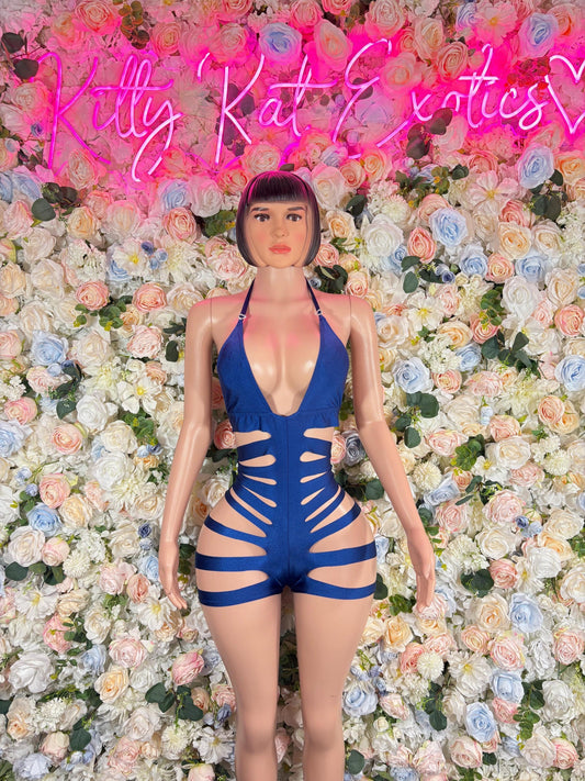 Exotic Dancewear One-Piece Blue  Cutoff Bodysuit  Rave Outfit for Performers, Raves, or Night Out | Bottle girl Outfits