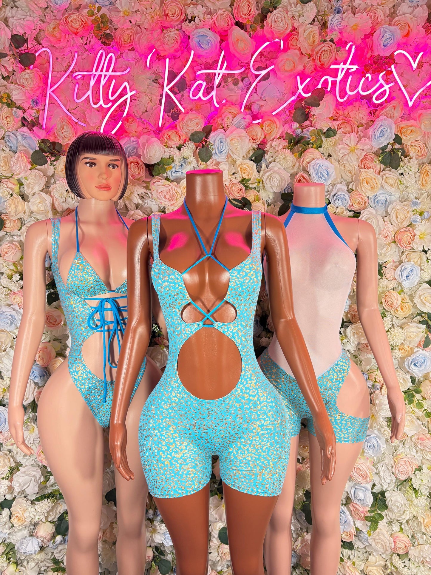 Bottle Girl Bodysuit Aqua Cheetah  Outfit, Bartender Uniform, Rave Festival Wear, Exotic Dancewear, Clubwear Costume, Waitress Set