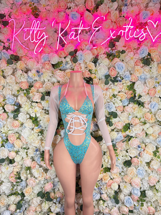 Bottle Girl Bodysuit Aqua Cheetah  Outfit, Bartender Uniform, Rave Festival Wear, Exotic Dancewear, Clubwear Costume, Waitress Set