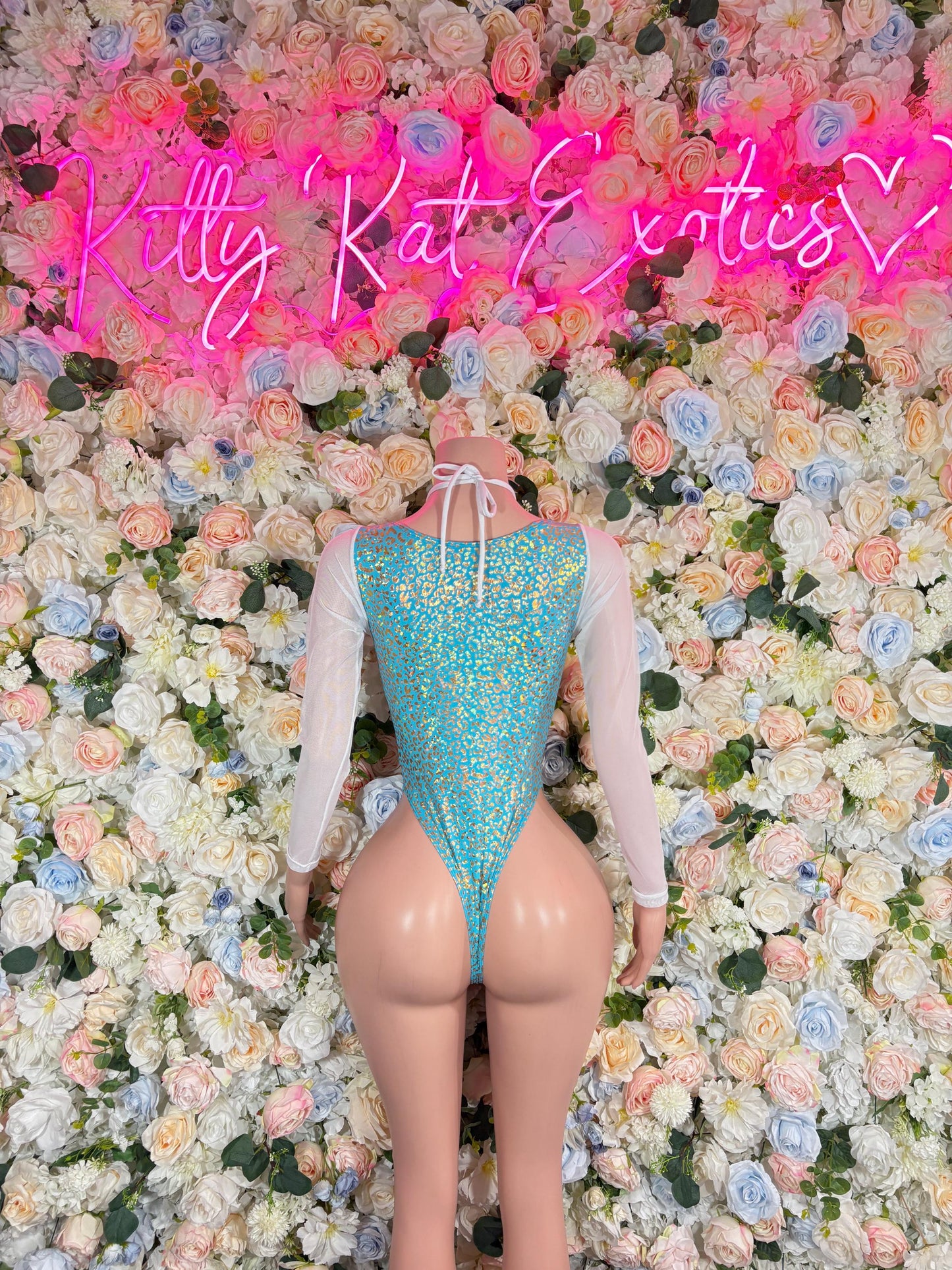 Bottle Girl Bodysuit Aqua Cheetah  Outfit, Bartender Uniform, Rave Festival Wear, Exotic Dancewear, Clubwear Costume, Waitress Set