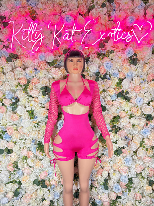 Pink one-piece bodysuit with cutouts, mesh long sleeves, and V neckline