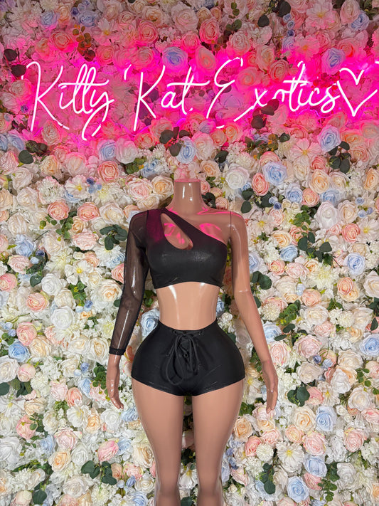 Black long-sleeve cropped top and high-waist short set with mesh neckline