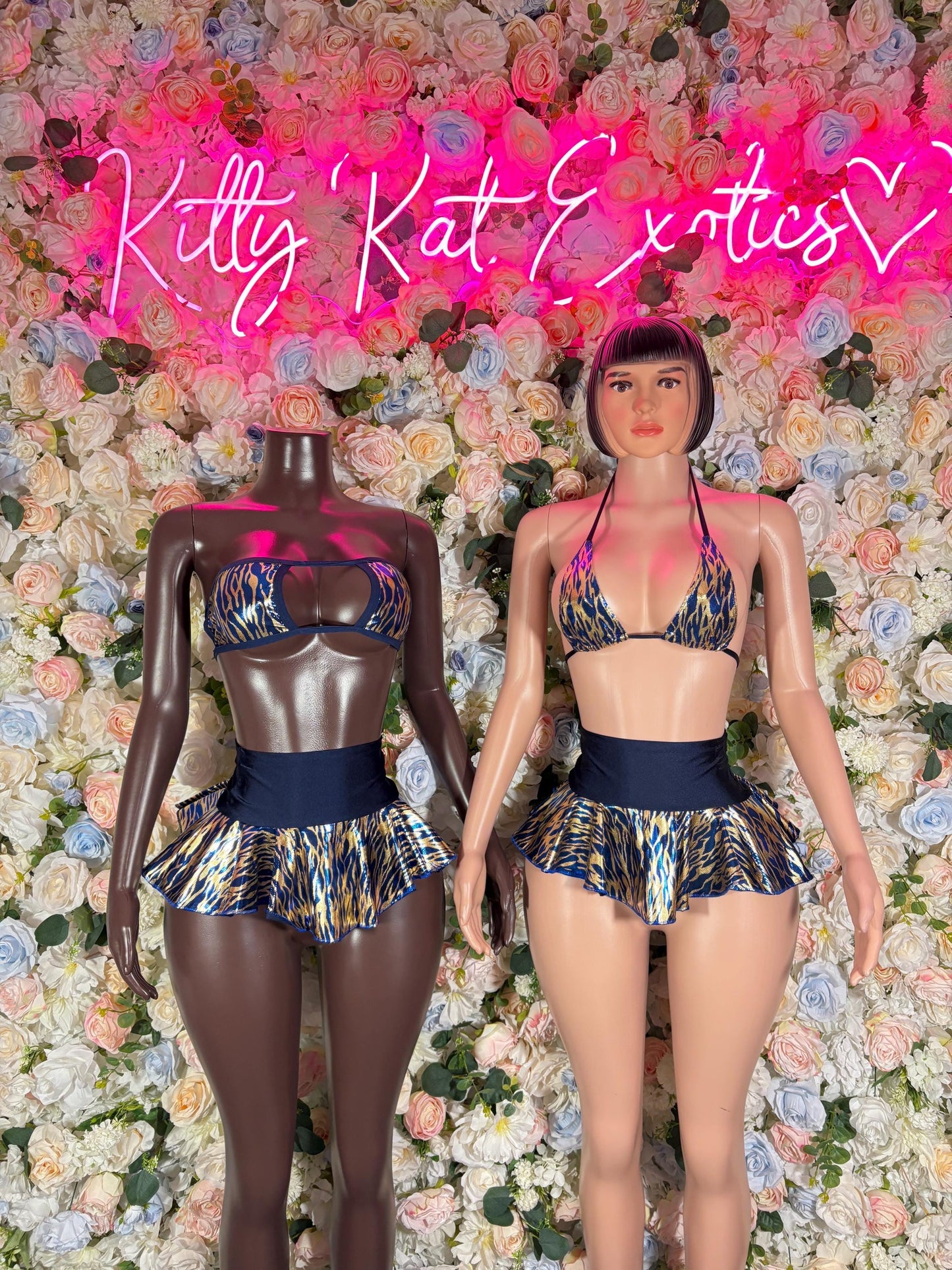 Rave Outfit - Two Piece Skirt Set Navy Gold Tiger Print  -  Ravewear - Sexy Festival Outfit, Clubwear, Performance Costume, EDM Party Wear