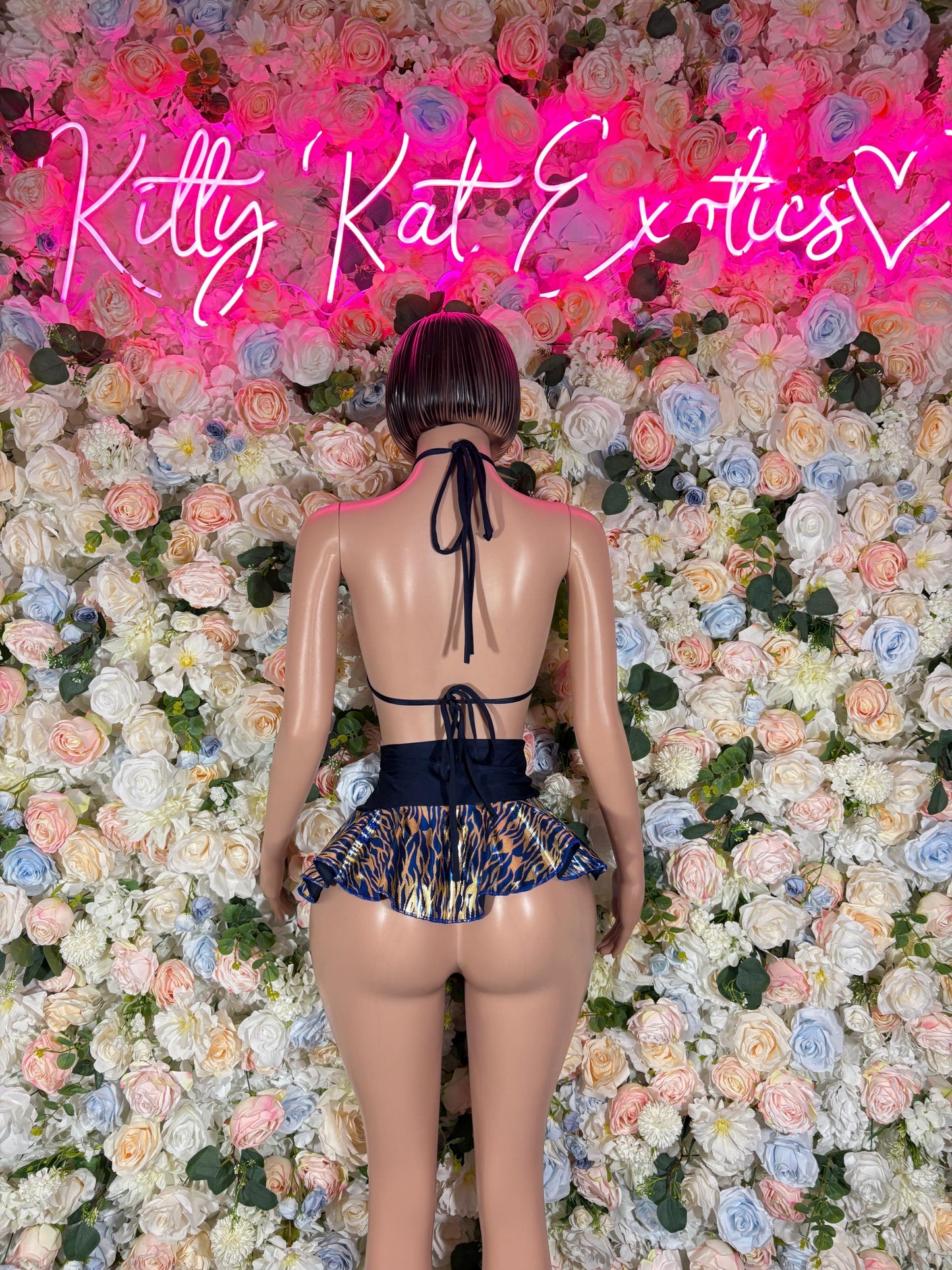 Exotic Dancewear  Two Piece Skirt Set Navy Gold Tiger Print  -  Ravewear - Sexy Festival Outfit, Clubwear, Performance Costume