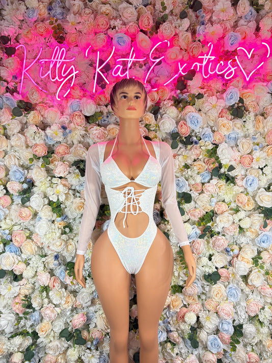 Bottlegirl Outfit Bodysuit Summer White Metalic Design | Exotic Dancewear for Performers, Rave Outfits