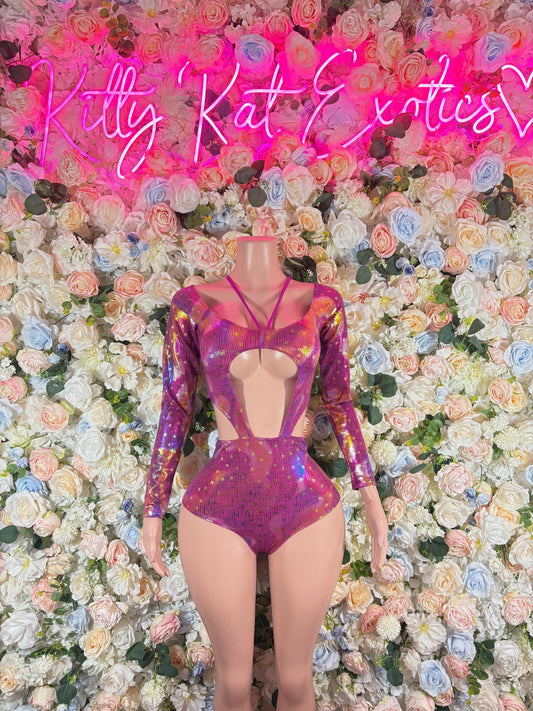 Rave Outfit Festival One Piece Bodysuit Pink  - Sexy Performance Costume, Latin Sultry, Bold Dance Outfit