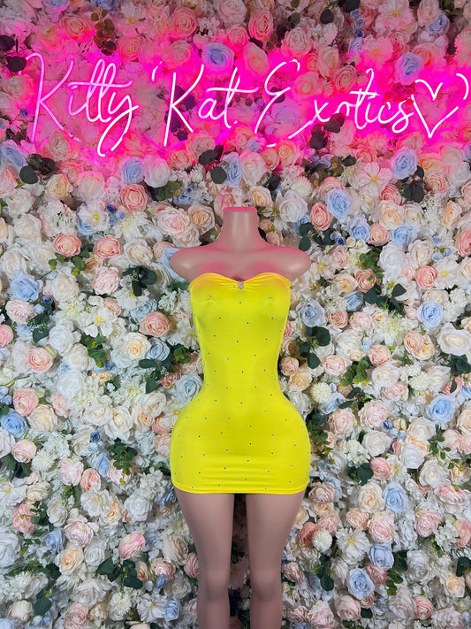Yellow Rhinestone Mesh Dress  Sexy Festival Outfit, Ravewear, Club Dress, Exotic Dancewear, EDM Party Look, Summer Womens Clothing