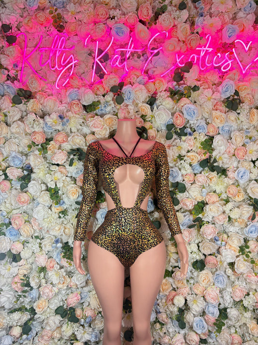 Gold leopard-print one-piece bodysuit with long sleeves and open back cutout