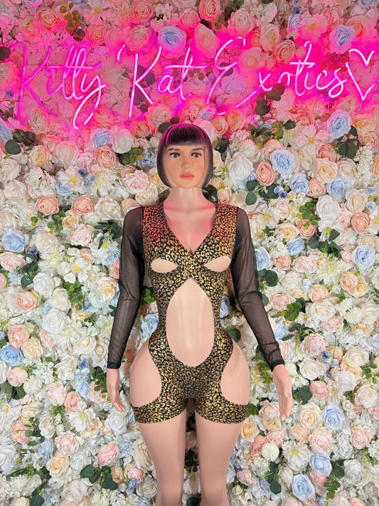 Bartender One-Piece Gold Cheetah  Bodysuit  Exotic Dancewear for Performers, Raves, or Night Out | Bottle girl Outfits