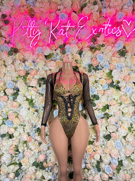 Bottlegirl Bodysuit One-Piece Gold Cheetah  Exotic Dancewear for Performers, Raves, or Night Out | Bottle girl Outfits