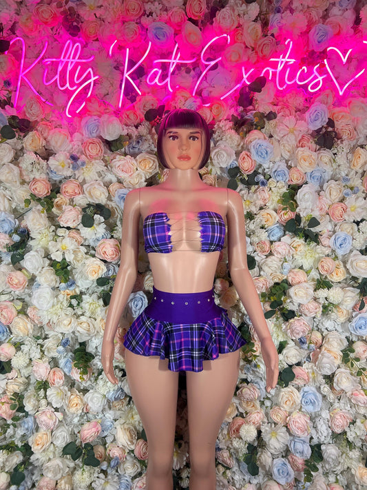 Rave wear Two Piece Purple Plaid SG Skirt Set- Festival, Sexy for Performers, Events, or Special Occasions