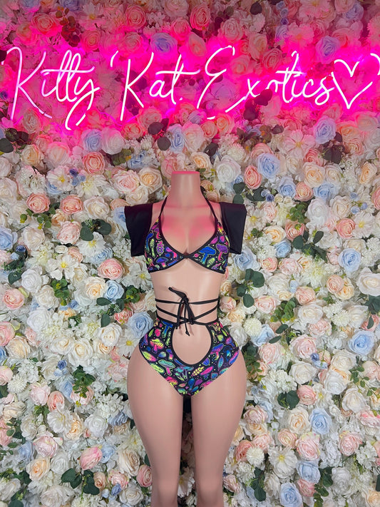 Glow in The Dark Rave Outfit One-Piece Multicolor Trippy Mushroom Bodysuit With Sleeves  Festival Wear Ravewear Festive Costume