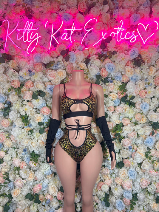 Rave Outfits One-Piece Gold Cheetah Bodysuit With Sleeves  Festival Wear Ravewear Festive Costume