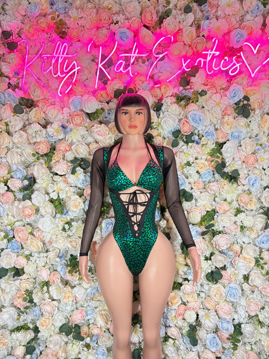 Bottlegirl Bodysuit One-Piece Green Cheetah  Exotic Dancewear for Performers, Raves, or Night Out | Bottle girl Outfits