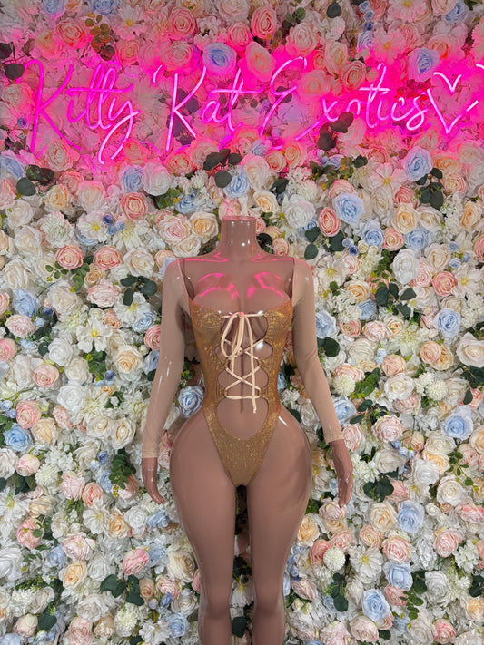 Bottlegirl Outfits Bodysuit Gold Metallic Flakes  - Sexy Performance Costume, Exotic Dancewear, Bold Dance Outfit, Womens Party Outfit