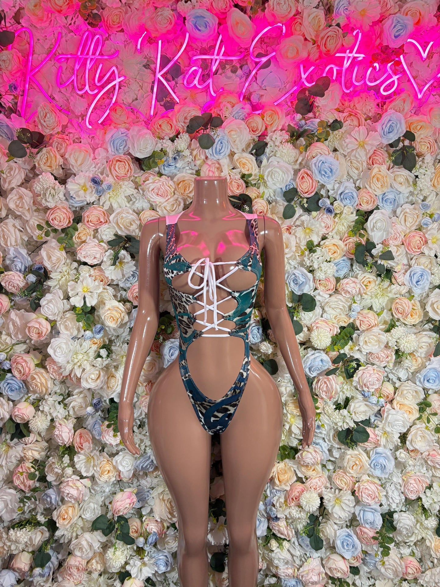 Bottlegirl Outfits Aqua Leopard Custom Bodysuit  - Bartender, Exotic Dancewear, Rave Bodysuit