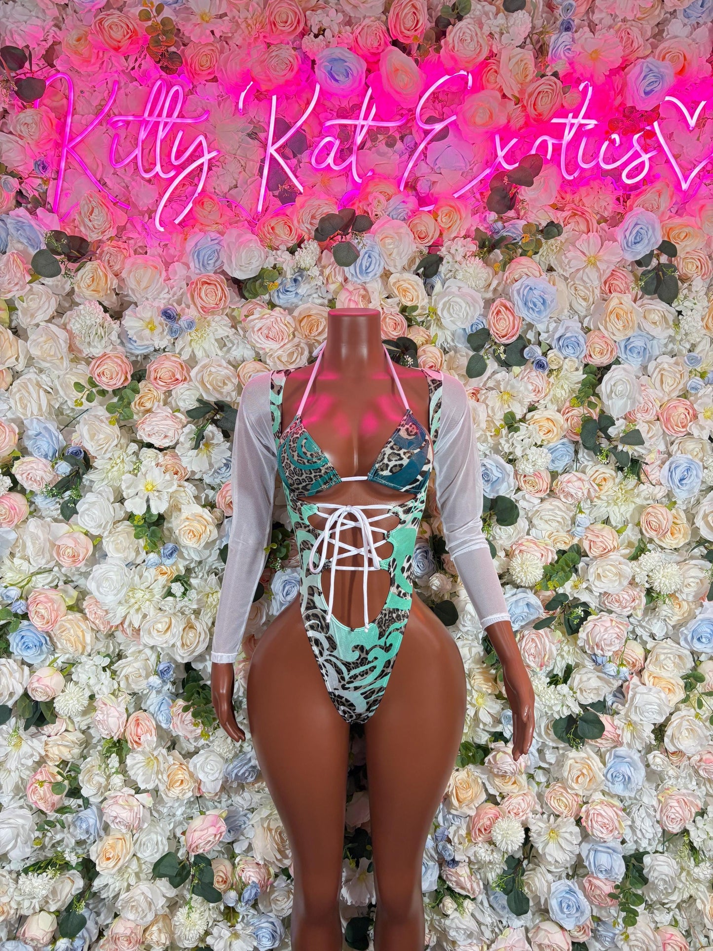 Bottlegirl Outfits Aqua Leopard Custom Bodysuit  - Bartender, Exotic Dancewear, Rave Bodysuit