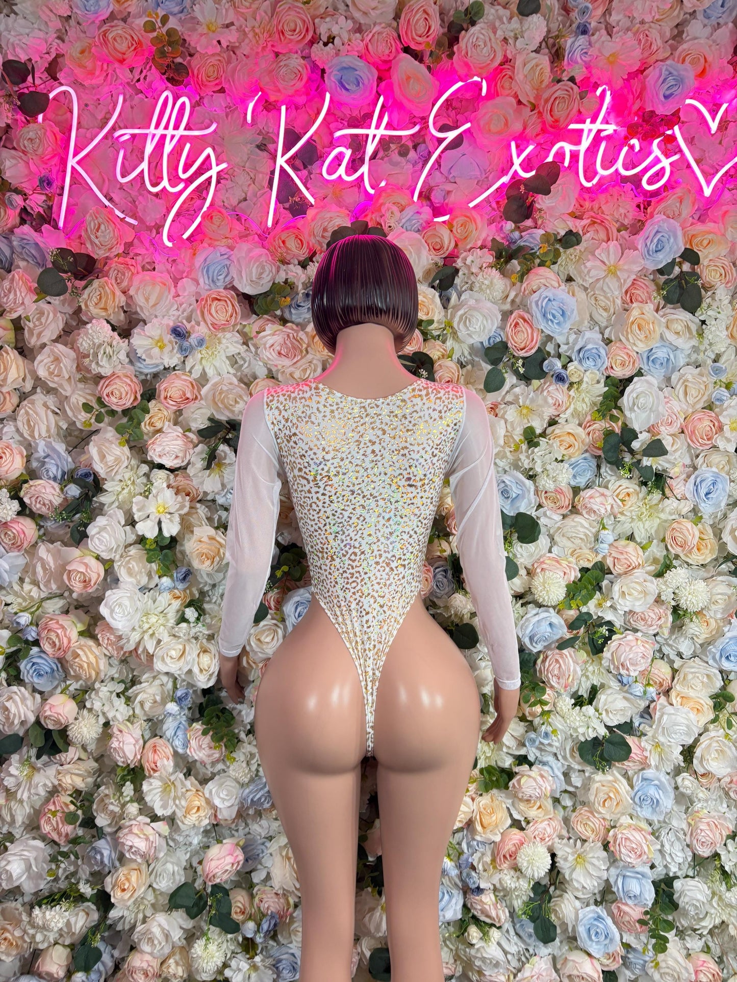 Bartender Bodysuits White and Gold Cheetah Print Bodysuit  - Bartender, Exotic Dancewear, Rave Bodysuit