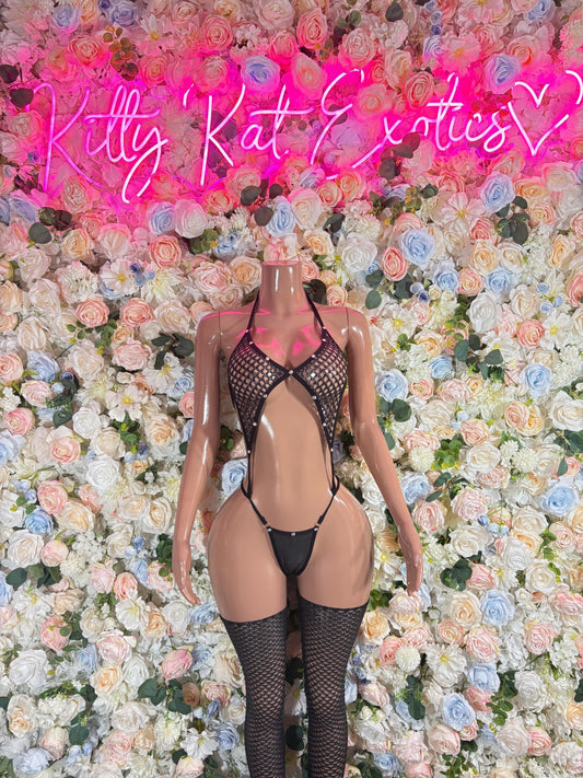 Exotic Dancewear Black Fishnet Slingshot With Leggings  Bodysuit | Sexy Stripper Clubwear, Rave & Festival Outfit