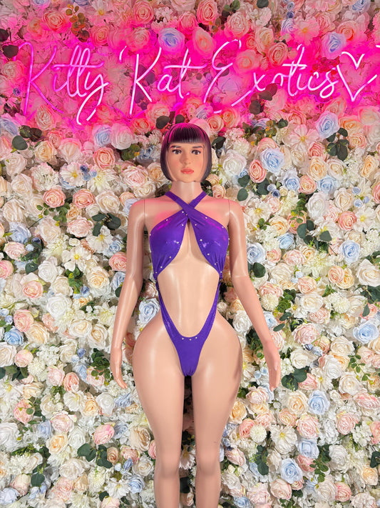 Festival Outfits  One-Piece Bodysuit Purple Metallic - Custom Design | Exotic Dancewear for Performers, Raves, & Nights Out