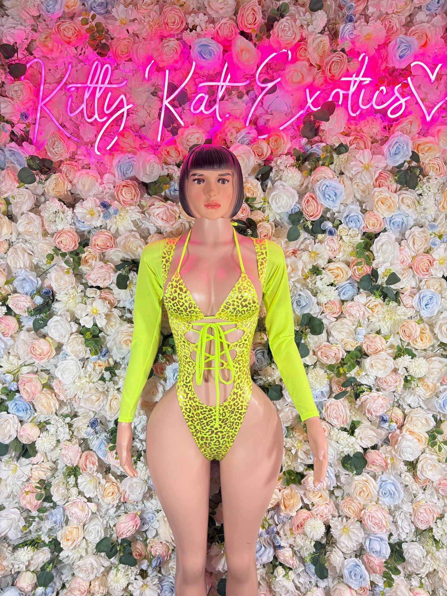 Bottlegirl Outfit One-Piece Bodysuit - Neon  Metallic Cheetah Print | Exotic Dancewear for Performers, Raves, & Festival Clothing