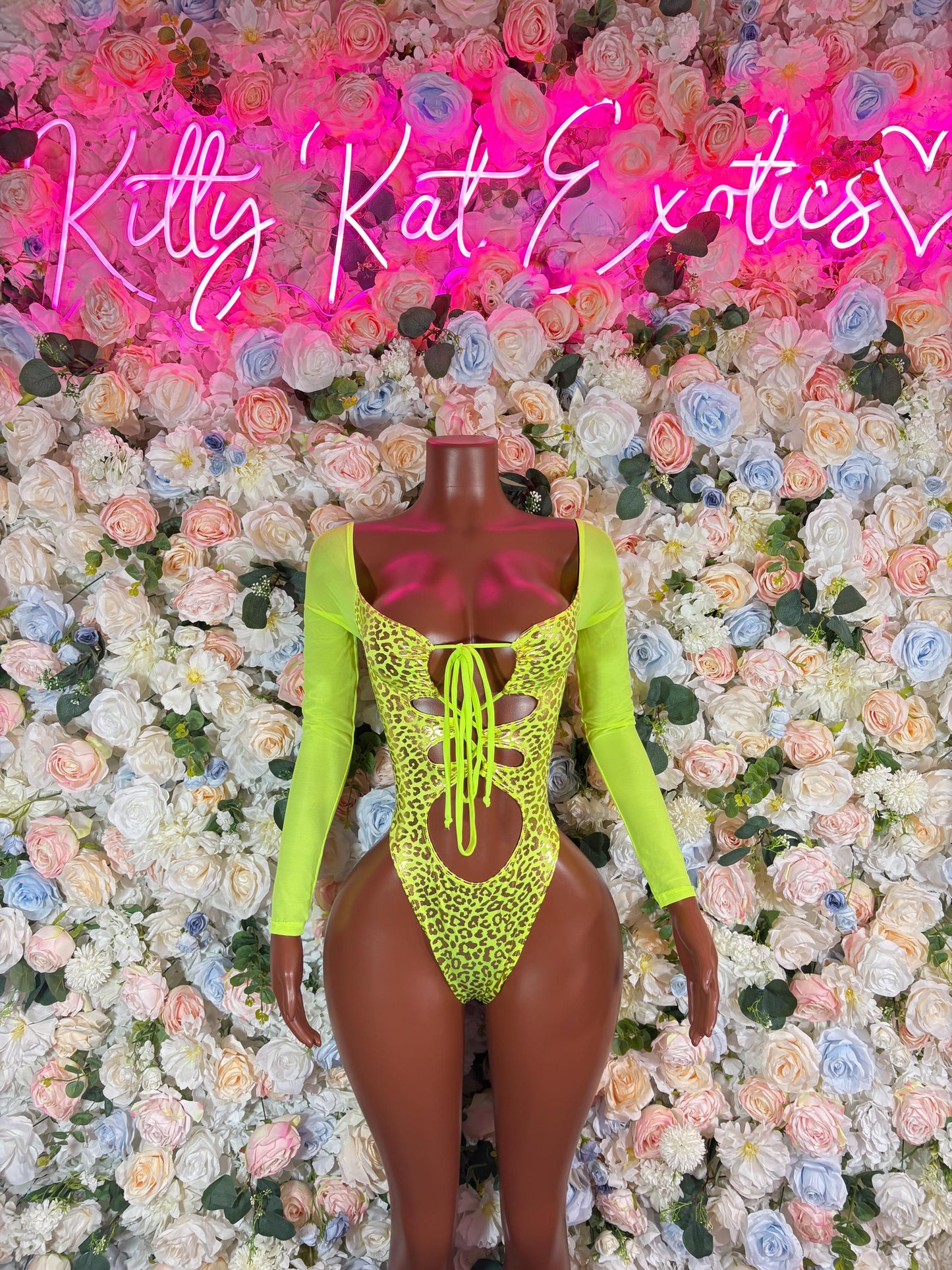 Bottlegirl Outfit One-Piece Bodysuit - Neon  Metallic Cheetah Print | Exotic Dancewear for Performers, Raves, & Festival Clothing