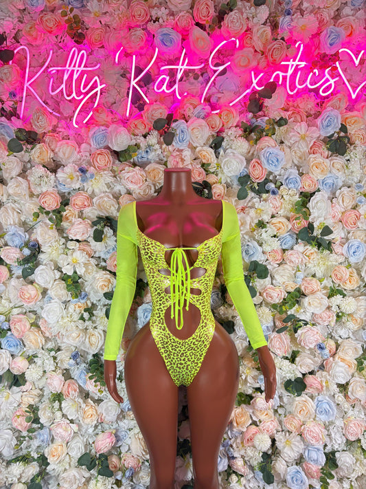 Bottlegirl Outfit One-Piece Bodysuit - Neon  Metallic Cheetah Print | Exotic Dancewear for Performers, Raves, & Festival Clothing