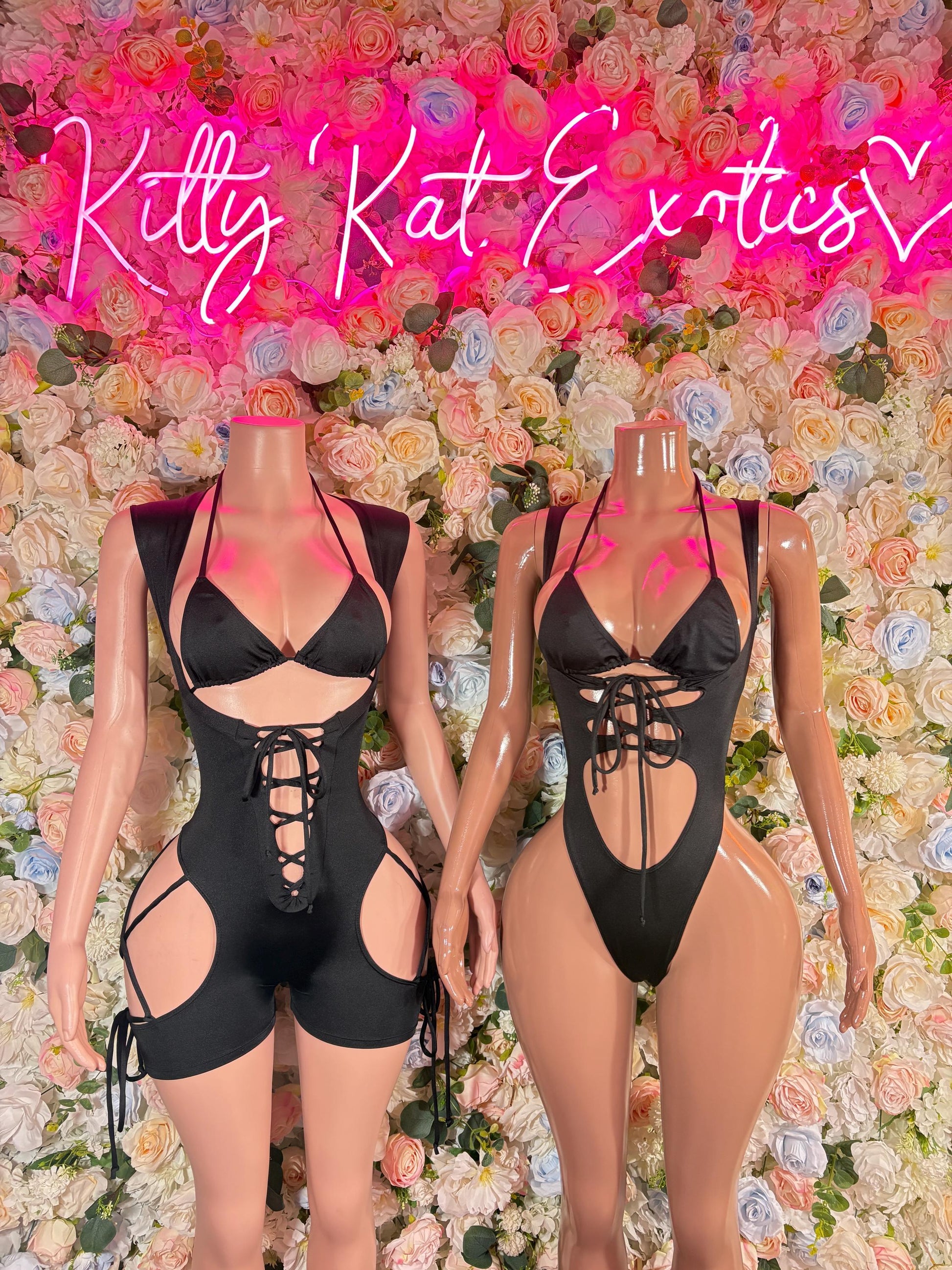 Black halter lace-up bodysuits with front cutouts and straps