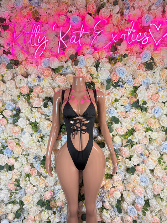 Black lace-up halter bodysuit with cutout front and strappy back