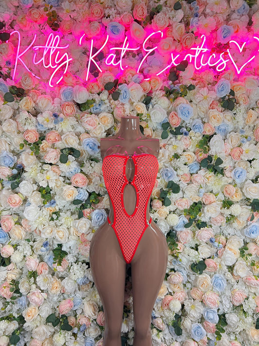 Festival Bodysuit Fishnet Coral  -  Exotic Dancewear Festival Outfit, Events, or Special Occasions